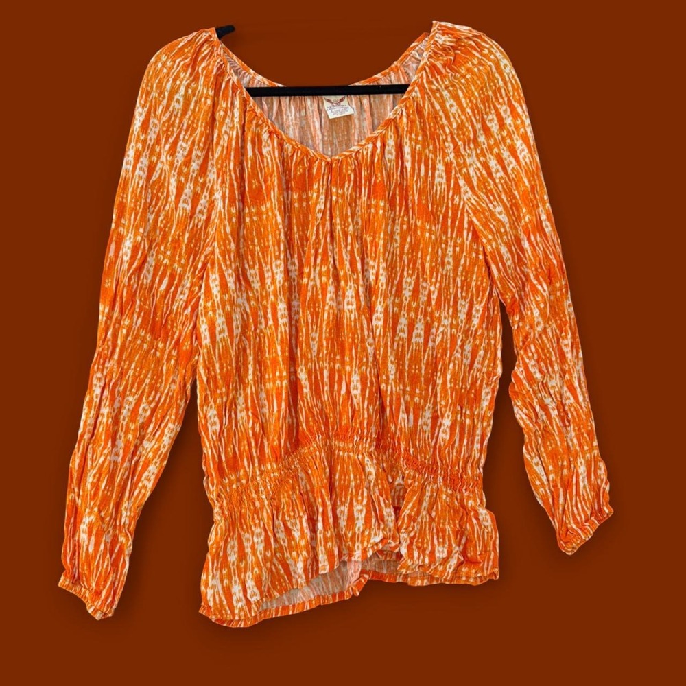 Faded Glory Orange White Print Peasant Blouse Size L 12-14 Boho